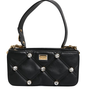 Dolce &amp; Gabbana Black Leather Crystal Embellished Logo Shoulder Bag