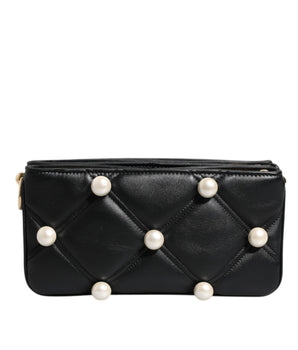 Dolce &amp; Gabbana Black Leather Pearl Embellished Logo Shoulder Bag