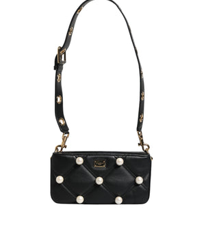 Dolce &amp; Gabbana Black Leather Pearl Embellished Logo Shoulder Bag