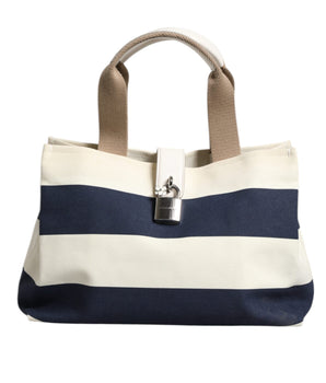 Dolce &amp; Gabbana White Navy Striped Canvas Top Handle Tote Bag