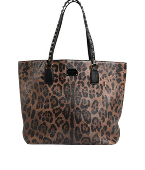 Dolce &amp; Gabbana Brown Black Calfskin Leopard Print Shoulder Tote Bag