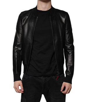 Dolce &amp; Gabbana Black Lambskin Full Zip Biker Blouson Jacket