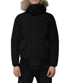 Woolrich Black Hooded Long Sleeves Fur Shearling Coat Jacket