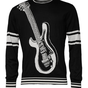 Suéter de cuello redondo de seda con estampado de guitarra en blanco y negro de Dolce &amp; Gabbana