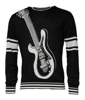 Dolce &amp; Gabbana Black White Guitar Silk Crew Neck Sweater