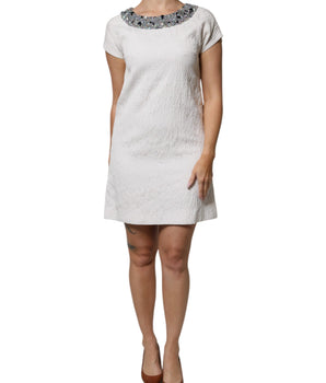 Dolce &amp; Gabbana White Crystal Embellished Jacquard Brocade Mini Dress