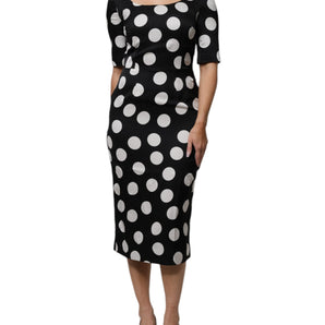 Dolce & Gabbana Black White Silk Polka Dots Sheath Midi Dress