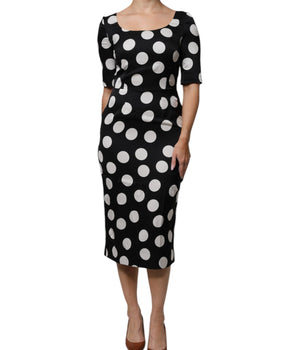Dolce &amp; Gabbana Black White Silk Polka Dots Sheath Midi Dress