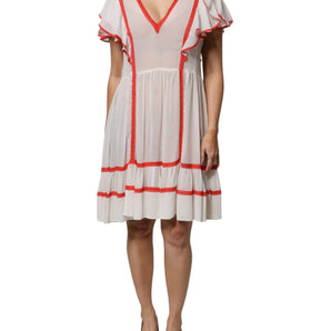 Twinset White Viscose Ruffle Sleeves A-line Pleated Mini Dress