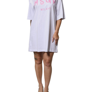 MSGM White Logo Print Cotton T-shirt Short Sleeves Mini Dress