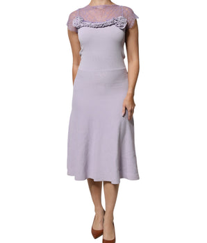 Vestido midi Blumarine morado de manga corta con ribete de encaje floral