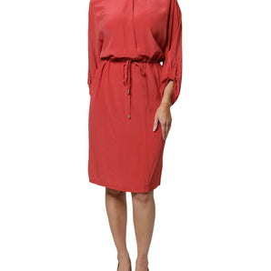 Peserico Red Long Sleeves Pencil Cut Drawstring Waist Dress
