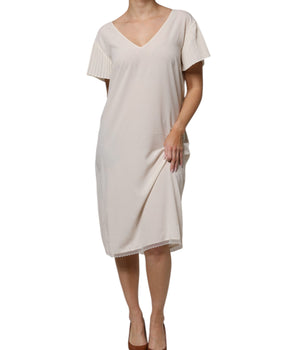 Vestido midi recto con escote en V y mangas cortas en blanco roto de Peserico