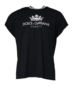 Camiseta de algodón con cuello redondo y corona con logotipo azul oscuro de Dolce &amp; Gabbana