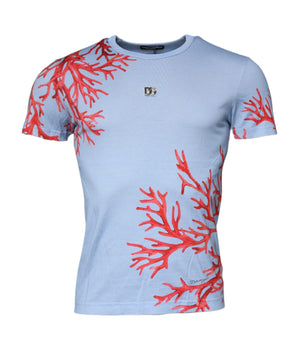 Dolce &amp; Gabbana Light Blue Coral Cotton Men Crew Neck T-shirt