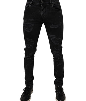 Dolce &amp; Gabbana Black Tattered Cotton Skinny Men Denim Jeans