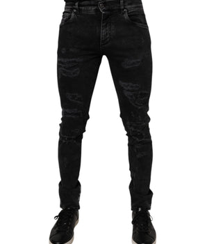 Dolce &amp; Gabbana Black Tattered Cotton Skinny Men Denim Jeans