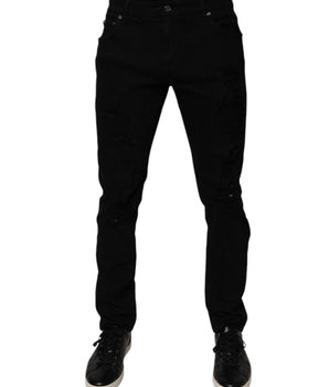Dolce &amp; Gabbana Black Tattered Cotton Skinny Men Denim Jeans