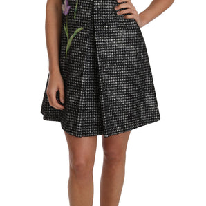 Dolce & Gabbana Elegant Gray Mini A-Line Dress with Purple Tulip