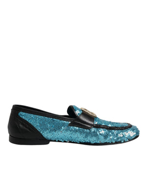Dolce &amp; Gabbana Blue Sequined Loafers Formal Dress Shoes