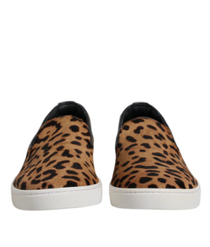 Dolce &amp; Gabbana Brown Calfskin Fur Leopard Sneakers Shoes