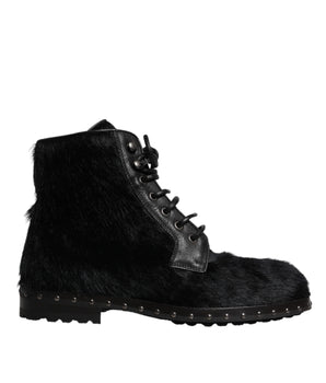 Dolce &amp; Gabbana Black Pony Style Leather Mid Calf Boots Shoes