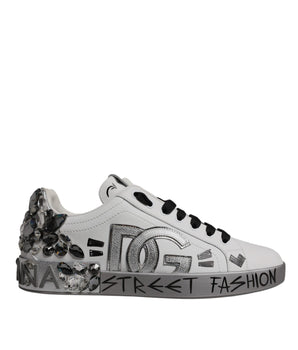 Dolce &amp; Gabbana White Silver Crystal Logo Portofino Sneakers Shoes