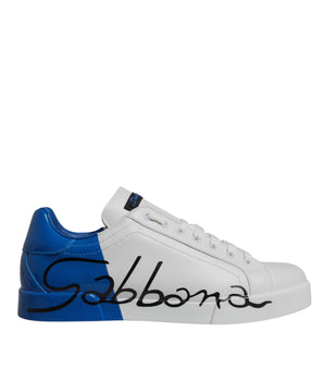 Dolce &amp; Gabbana White Blue Leather Logo Low Top Sneakers