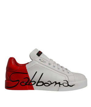 Dolce &amp; Gabbana White Red Leather Logo Low Top Sneakers Shoes