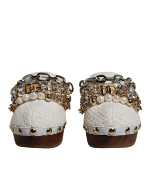 Dolce &amp; Gabbana White Raffia Clogs Bejeweled Chain Sandals Shoes