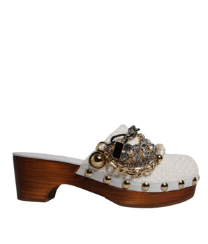 Dolce &amp; Gabbana White Raffia Clogs Bejeweled Chain Sandals Shoes