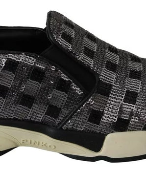 PINKO Silver Black Slip-on Sequence Design Sneakers Shoes