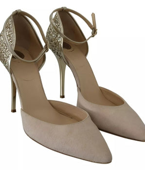 Elisabetta Franchi Beige Linen Ankle Strap High Heel Shoes