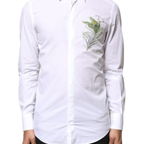 Camisa formal Dolce &amp; Gabbana de algodón blanco con plumas de pavo real dorada