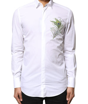 Dolce &amp; Gabbana White Cotton Peacock Feather GOLD Formal Shirt
