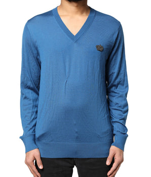 Dolce &amp; Gabbana Blue Cashmere Crown V-neck Pullover Sweater