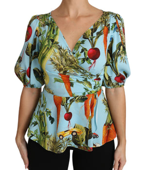 Dolce &amp; Gabbana Multicolor Vegetable Print Silk Top Peplum Wrap Blouse