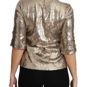 Dolce &amp; Gabbana Gold Parrot Motif Crewneck Blouse with Crystals