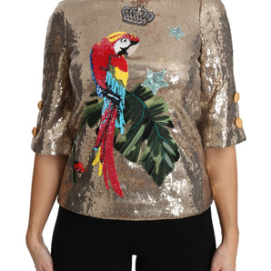 Dolce & Gabbana Gold Parrot Motif Crewneck Blouse with Crystals