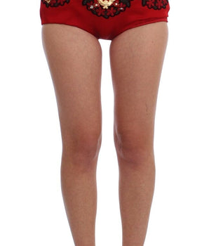 Dolce & Gabbana Red Silk Crystal Roses Shorts Dolce & Gabbana 