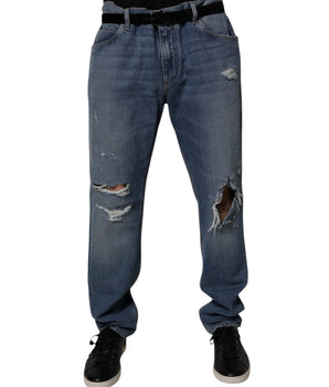 Dolce &amp; Gabbana Blue Tattered Cotton Straight Denim Jeans