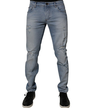 Dolce &amp; Gabbana Blue Tattered Cotton Skinny Men Denim Jeans