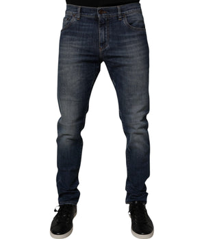 Dolce &amp; Gabbana Dark Blue Cotton Leather Skinny Denim Jeans