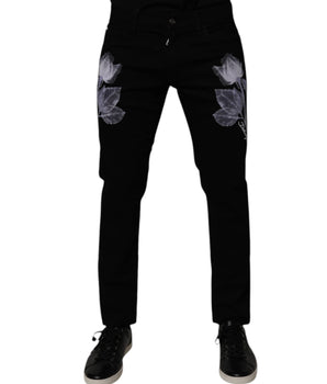 Dolce &amp; Gabbana Black Floral Cotton Skinny Men Denim Jeans