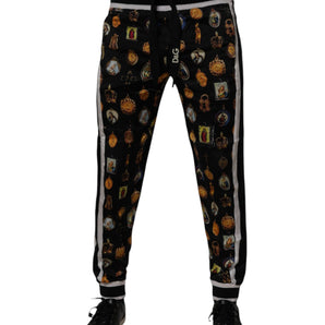 Pantalones deportivos de seda con estampado religioso negro de Dolce &amp; Gabbana para hombre