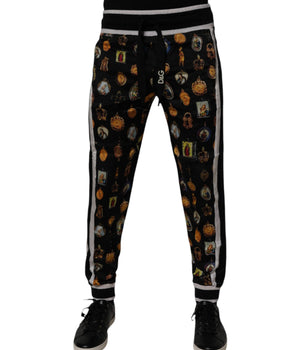 Dolce &amp; Gabbana Black Religious Print Silk Men Jogger Pants