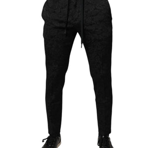 Pantalones de vestir ajustados de poliéster con brocado negro de Dolce &amp; Gabbana