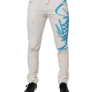 Vaqueros ajustados con grafiti deshilachado en blanco de Dolce &amp; Gabbana
