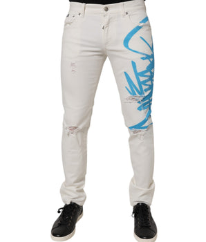 Dolce & Gabbana White Tattered Graffiti Skinny Denim Jeans