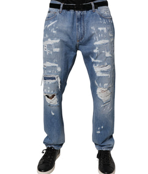 Dolce &amp; Gabbana Blue Tattered Straight Cotton Denim Jeans